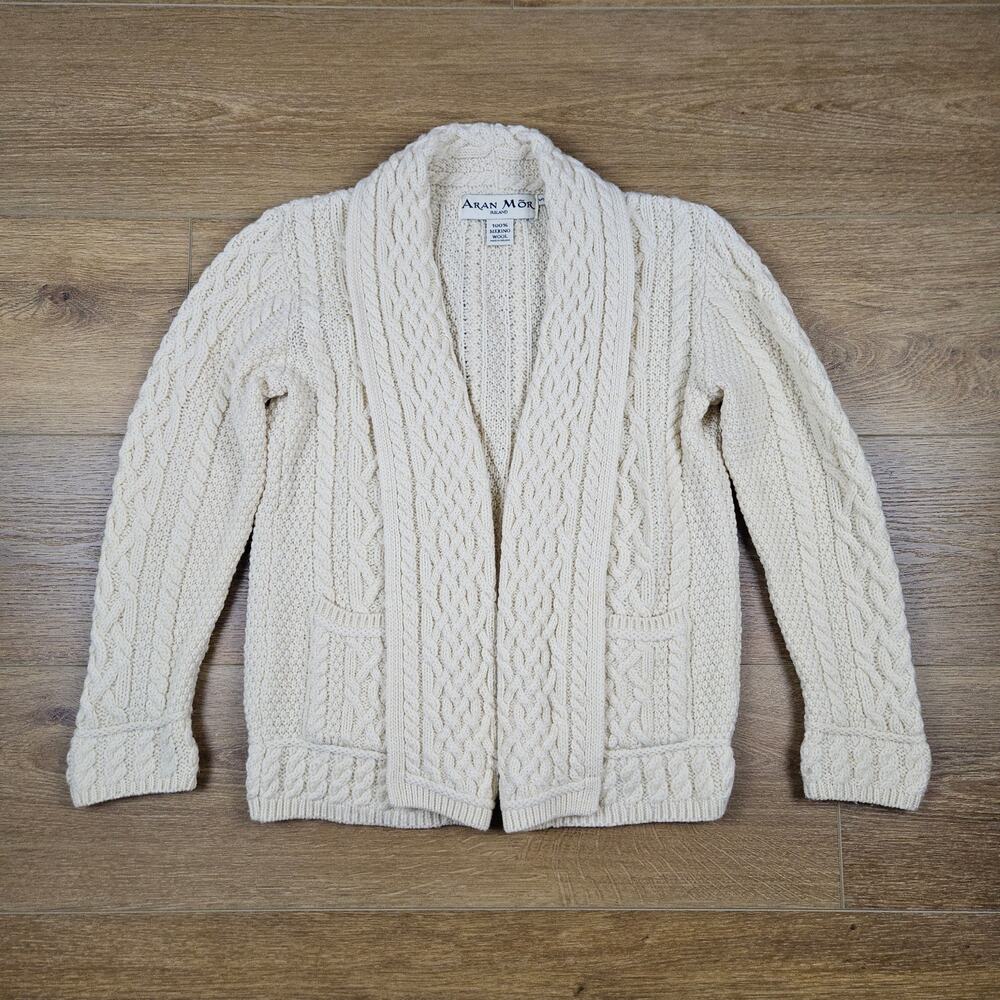 Aran Mor Women's Small 100% Merino Wool Open Cardigan Cable Knit Cream Ireland